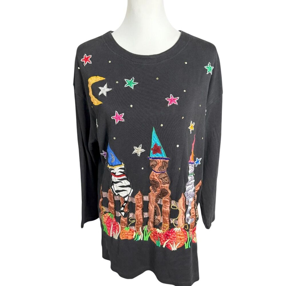 Jill Rogers RARE Vintage 3D Embroidery Beaded Art to Wear Cat Novelty Shirt Sz S